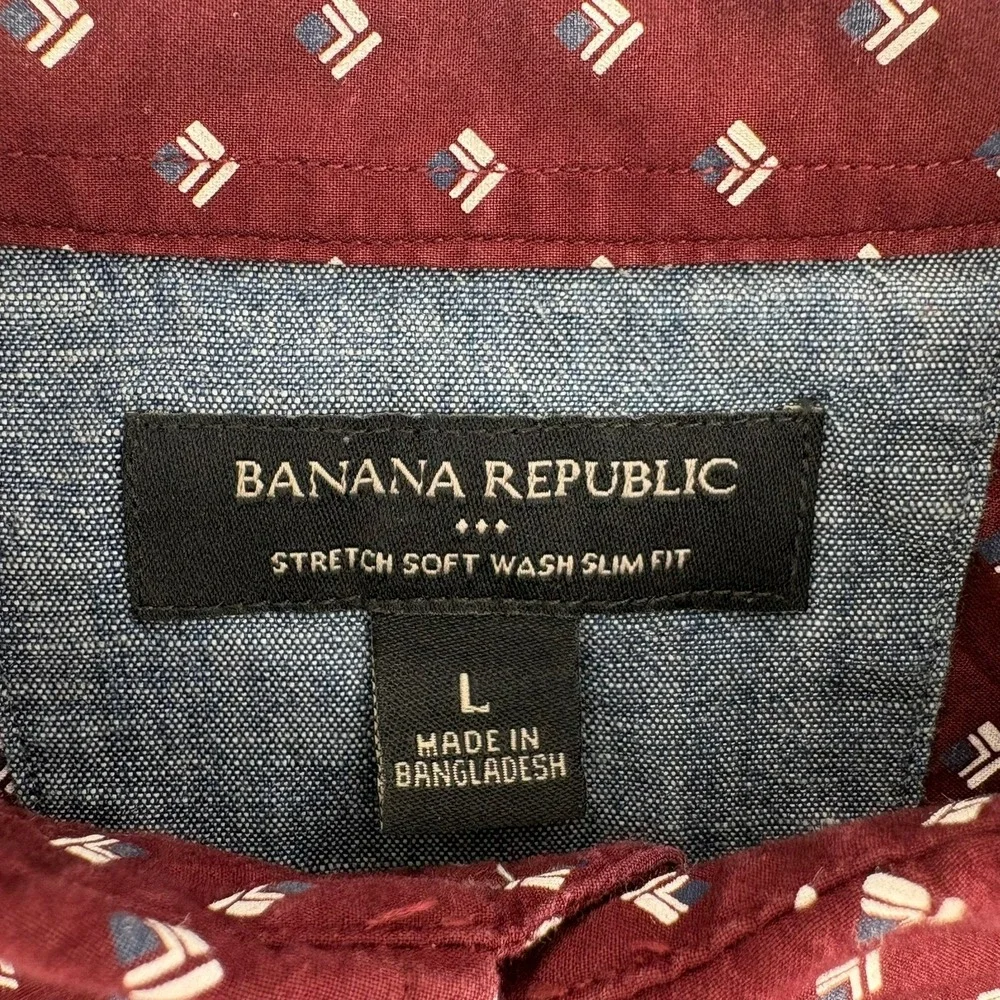 Banana Republic Mens Burgundy Geometric Soft Wash Slim Fit Button Down Shirt L